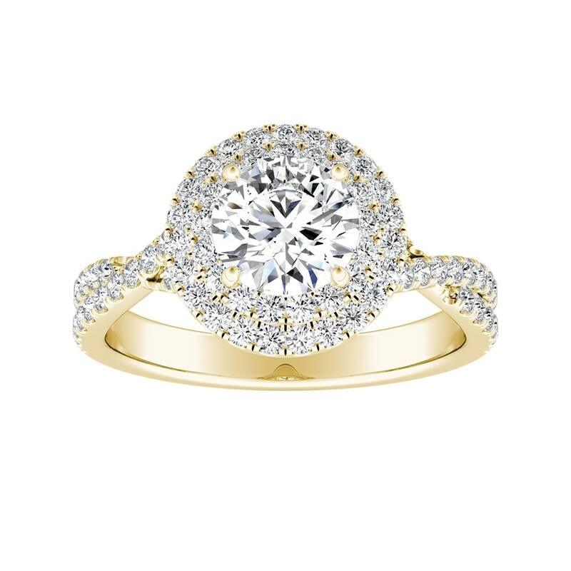 Auriya 14k Gold Round 3ct Moissanite and 1/2ctw Double Halo Diamond Engagement Ring