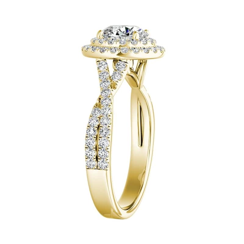 Auriya 14k Gold Round 3ct Moissanite and 1/2ctw Double Halo Diamond Engagement Ring