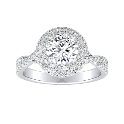 Auriya 14k Gold Round 3ct Moissanite and 1/2ctw Double Halo Diamond Engagement Ring