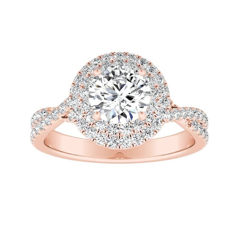 Auriya Round 3/4ct Moissanite and 1/2ctw Double Halo Diamond Engagement Ring 14k Gold