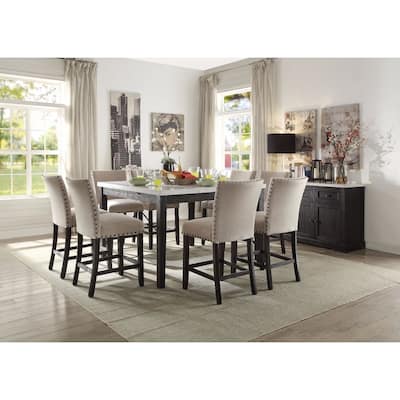 Wooden Counter Height Table With Marble Top, White and Black