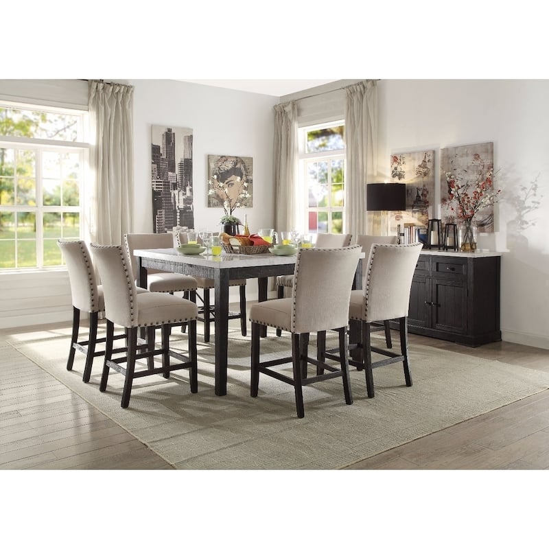 Wooden Counter Height Table With Marble Top, White and Black