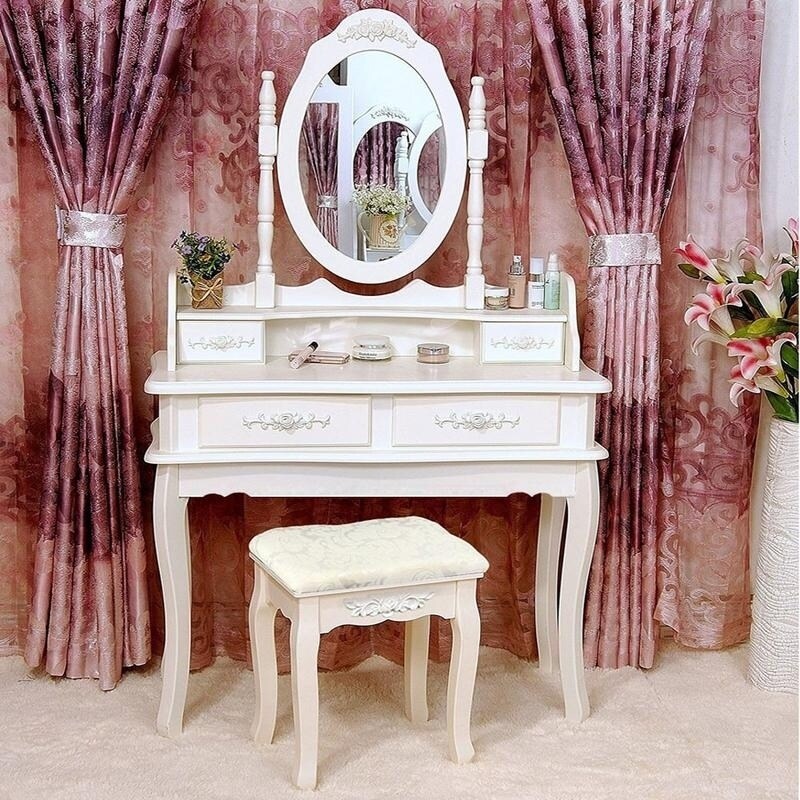 Rotation Removable Mirror Dressing Vanity Table Makeup Desk with Stool