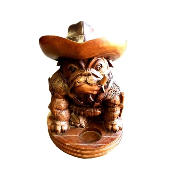 Offex Hand Crafted Teak and Mahogany Old English Bulldog Cowboy Statue