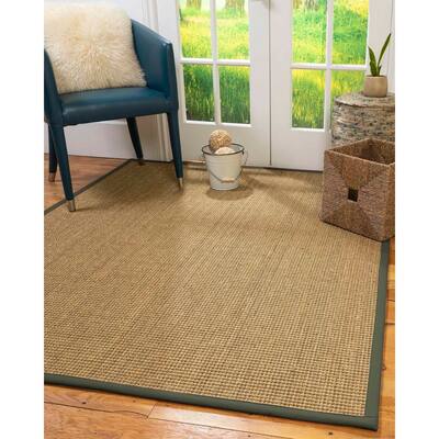 Natural Area Rugs 100%, Natural Fiber Handmade Hamptons, Natural Seagrass Rug, Green Border - 2'6" x 14'