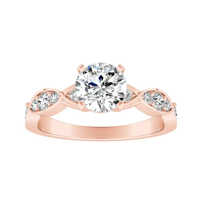 Auriya 14k Gold 3ct Round Moissanite and 1/3ct TDW Wave Style Diamond Engagement Ring