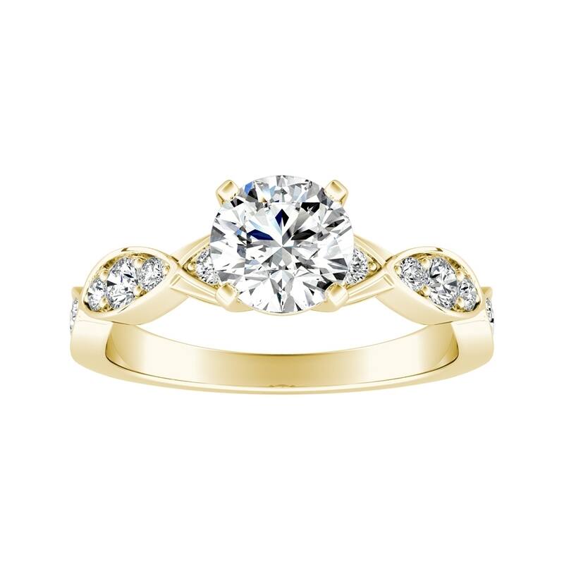 Auriya 14k Gold 3ct Round Moissanite and 1/3ct TDW Wave Style Diamond Engagement Ring