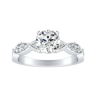 Auriya 14k Gold 4ct Round Moissanite and 1/3ct TDW Wave Style Diamond Engagement Ring