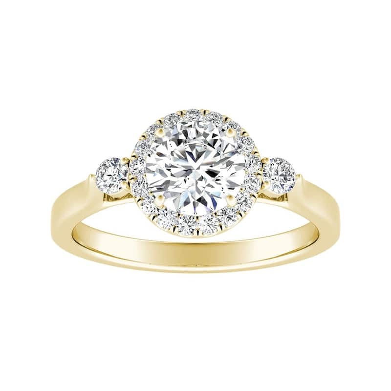 Auriya 3-Stone 1/2ct Round Moissanite and 1/4ct TDW Diamond Halo Engagement Ring 14K Gold (G-H, VS1-VS2)