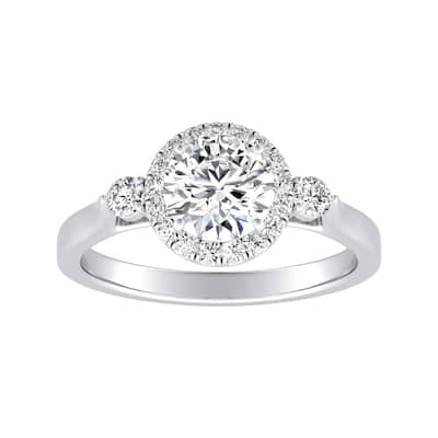 Auriya 3-Stone 1/2ct Round Moissanite and 1/4ct TDW Diamond Halo Engagement Ring 14K Gold (G-H, VS1-VS2)