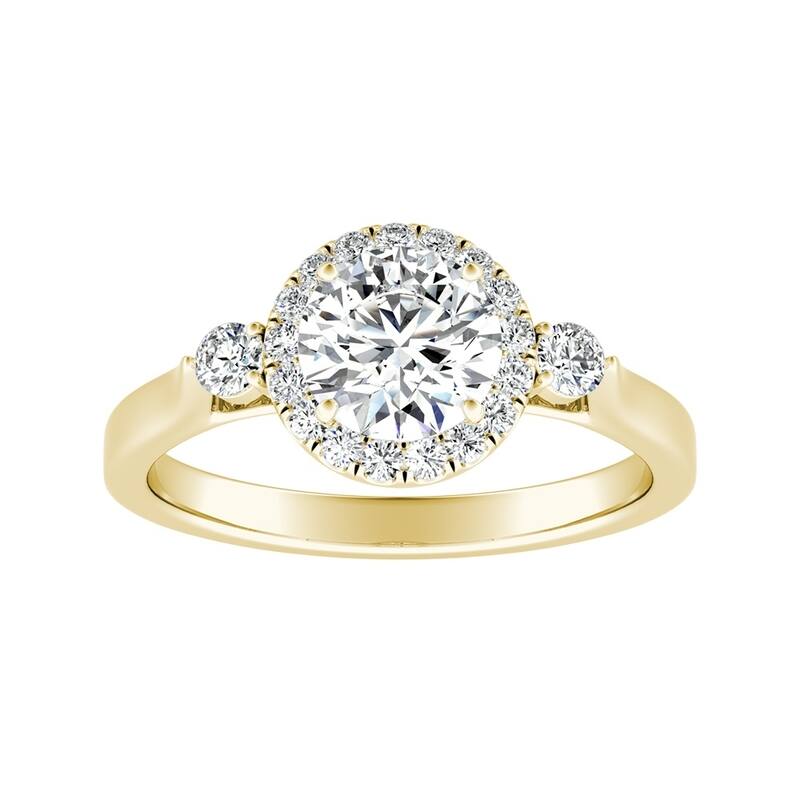 Auriya 3-Stone 3/4ct Round Moissanite and 1/4ct TDW Diamond Halo Engagement Ring 14K Gold (G-H, VS1-VS2)