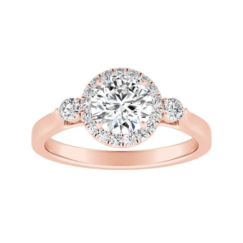 Auriya 3-Stone 3/4ct Round Moissanite and 1/4ct TDW Diamond Halo Engagement Ring 14K Gold (G-H, VS1-VS2)