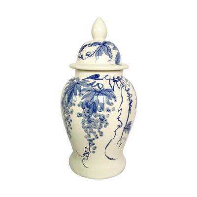 Florid Ceramic Temple Jar Vase, Blue And White