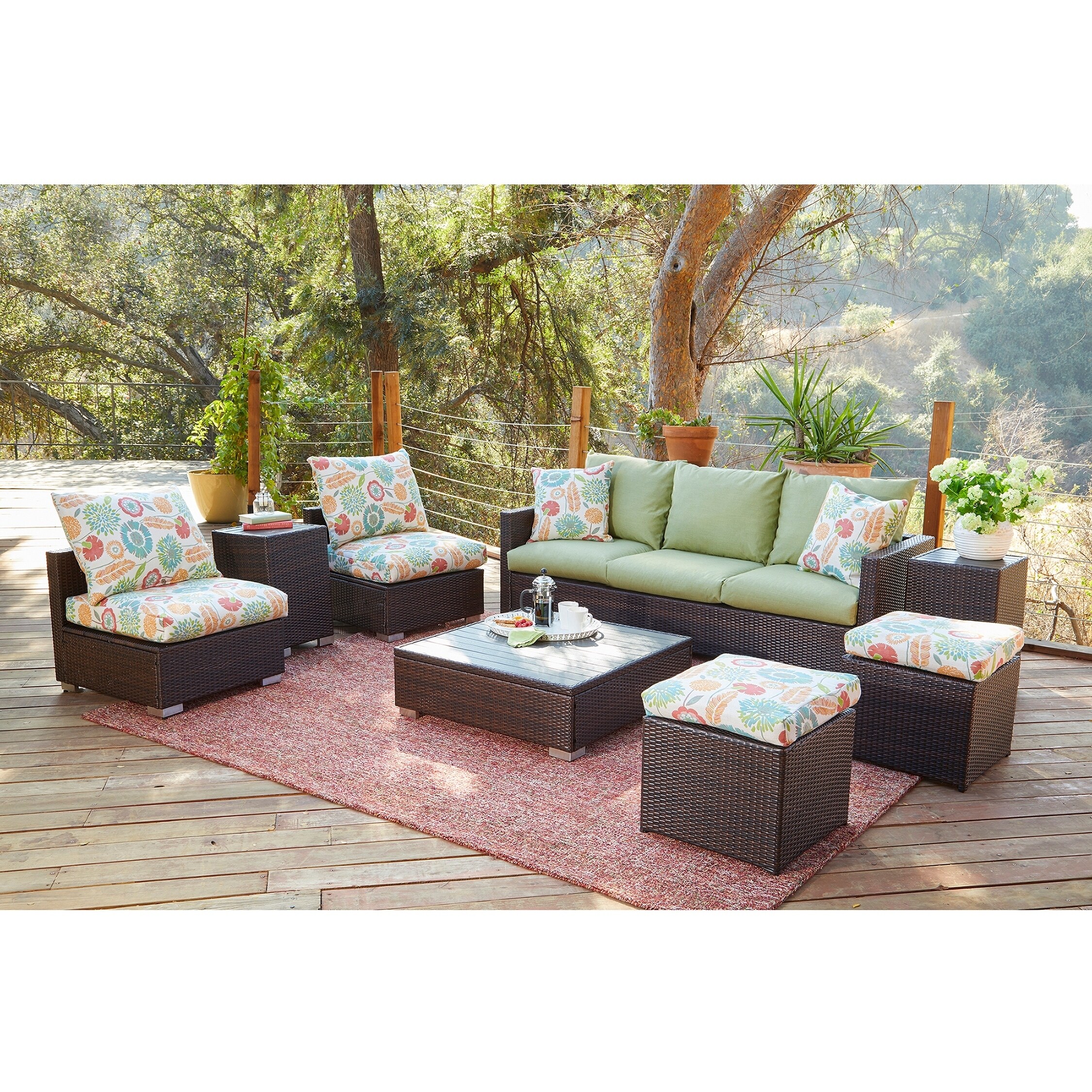 Shop Black Friday Deals On Handy Living Aldrich Indoor Outdoor Brown Resin Rattan 8 Piece Seating Group With Green Cushions Overstock 21612662