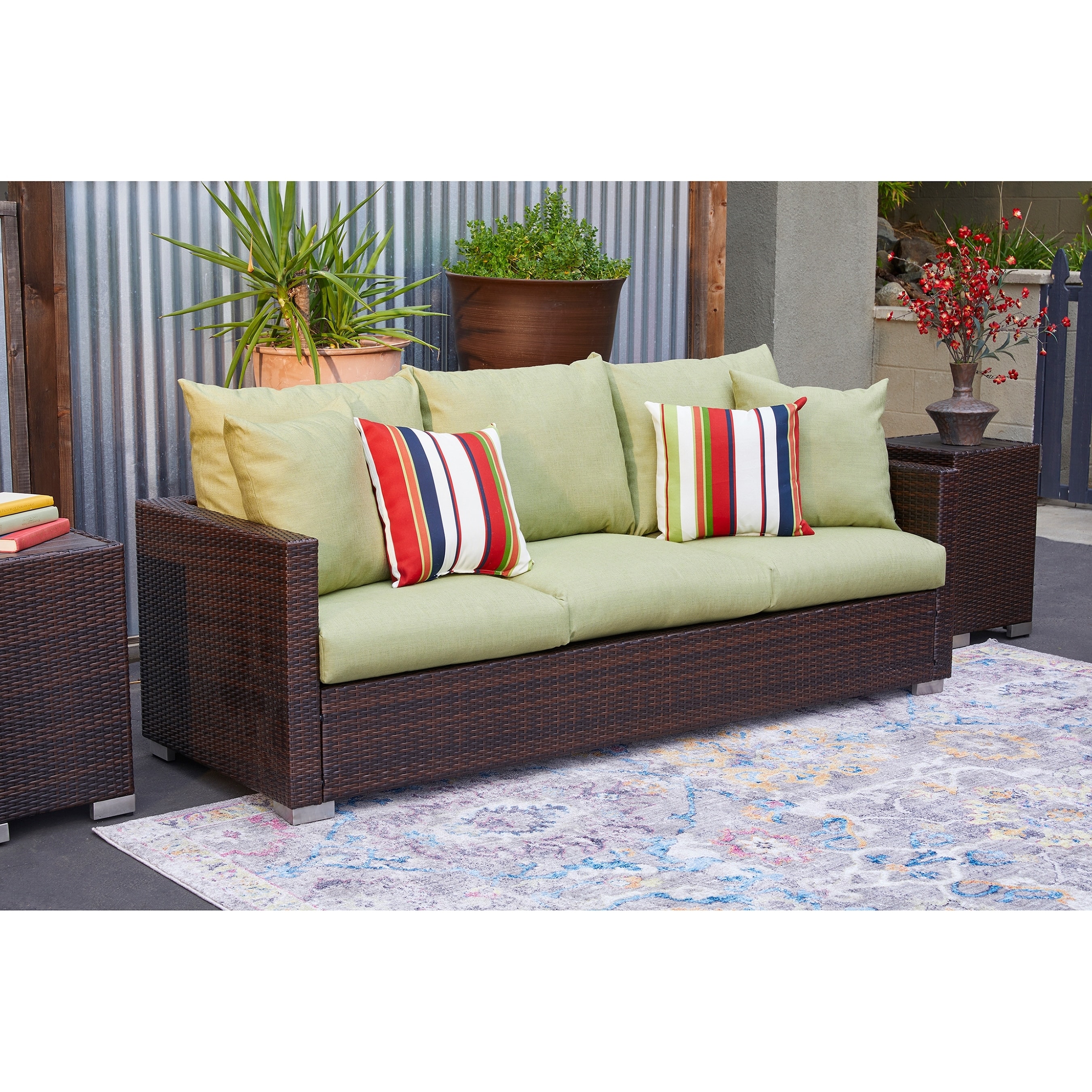 Handy Living Aldrich Indoor Outdoor Brown Resin Rattan Sofa With Details About Handy Living Aldrich Indoor Outdoor Brown Resin Rattan Sofa With Green Cushions