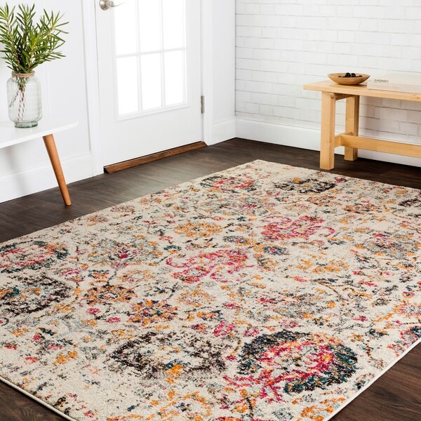 Vintage Bohemian Ivory/ Multi Pink Floral Distressed Rug - 10' x 14'