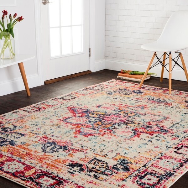 Vintage Bohemian Ivory/ Multi Red Medallion Distressed Rug - 4' x 5'7"