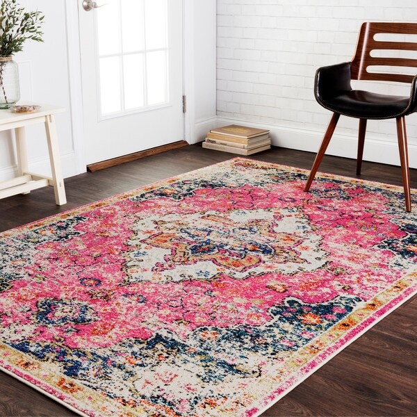 Vintage Bohemian Pink/ Multi Floral Medallion Distressed Rug - 6'7" x 9'2"
