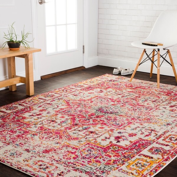 Vintage Bohemian Pink/ Ivory Multi Medallion Distressed Rug - 5'1" x 7'7"