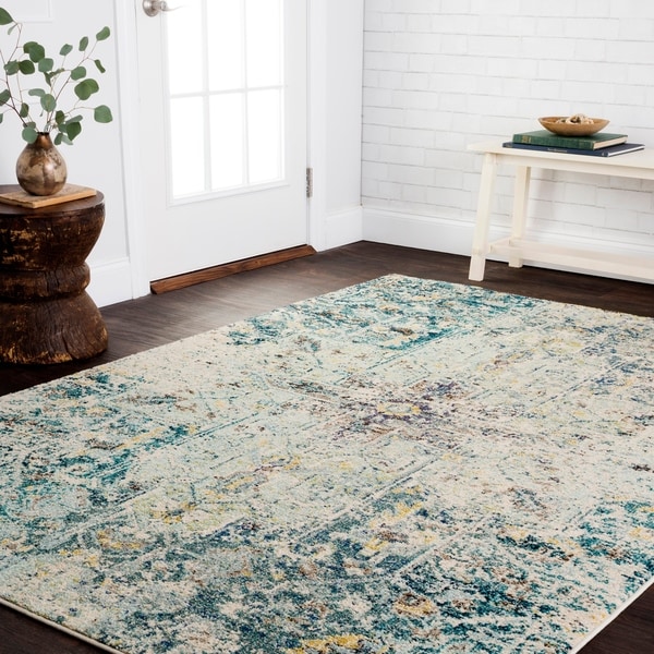 Vintage Bohemian Aqua Blue Multi Medallion Distressed Rug - 9' x 12'