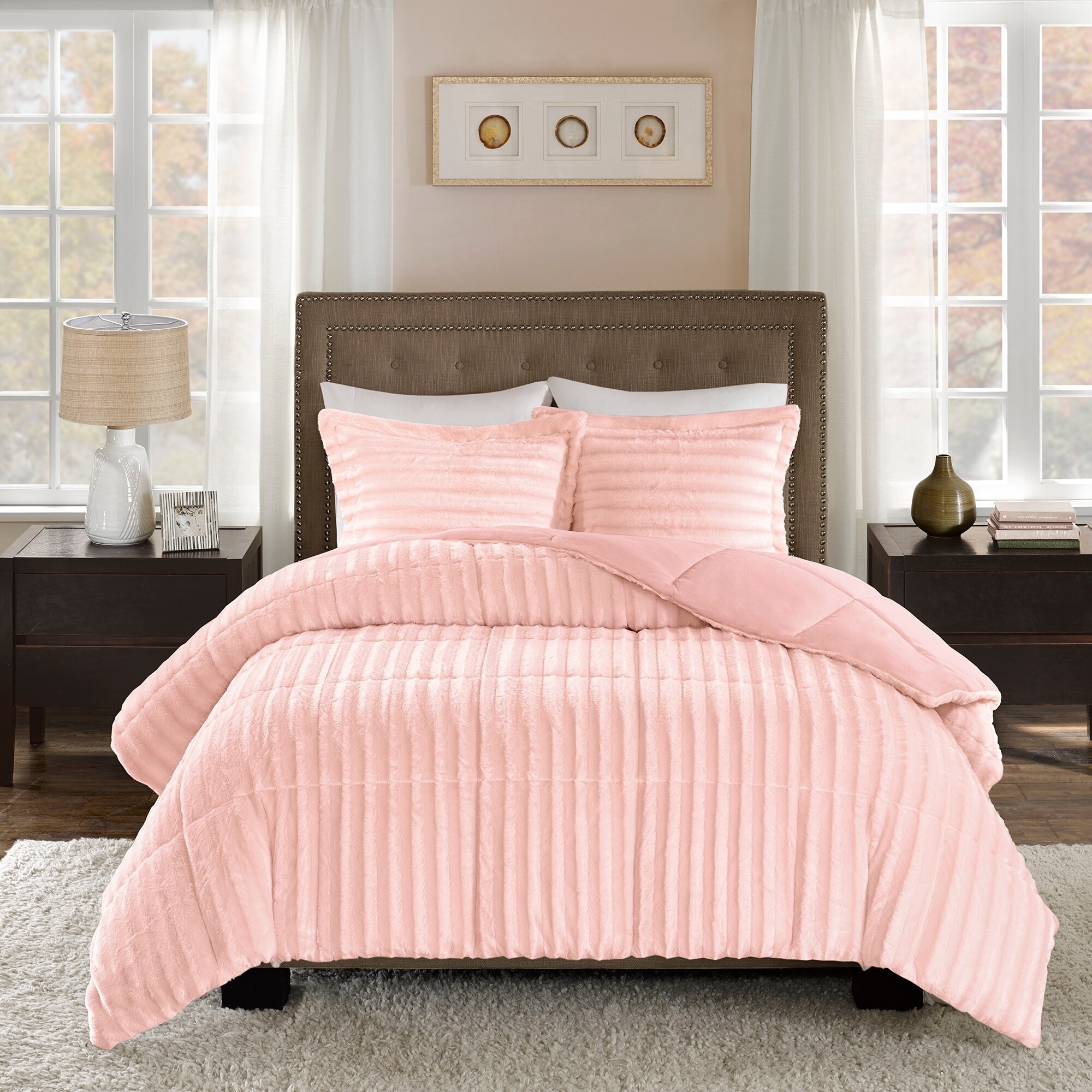 Shop Madison Park York Blush Faux Fur 3 Piece Comforter Set On