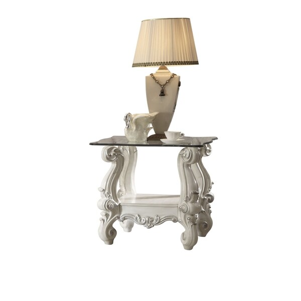 ACME Versailles End Table, Bone White & Clear Glass