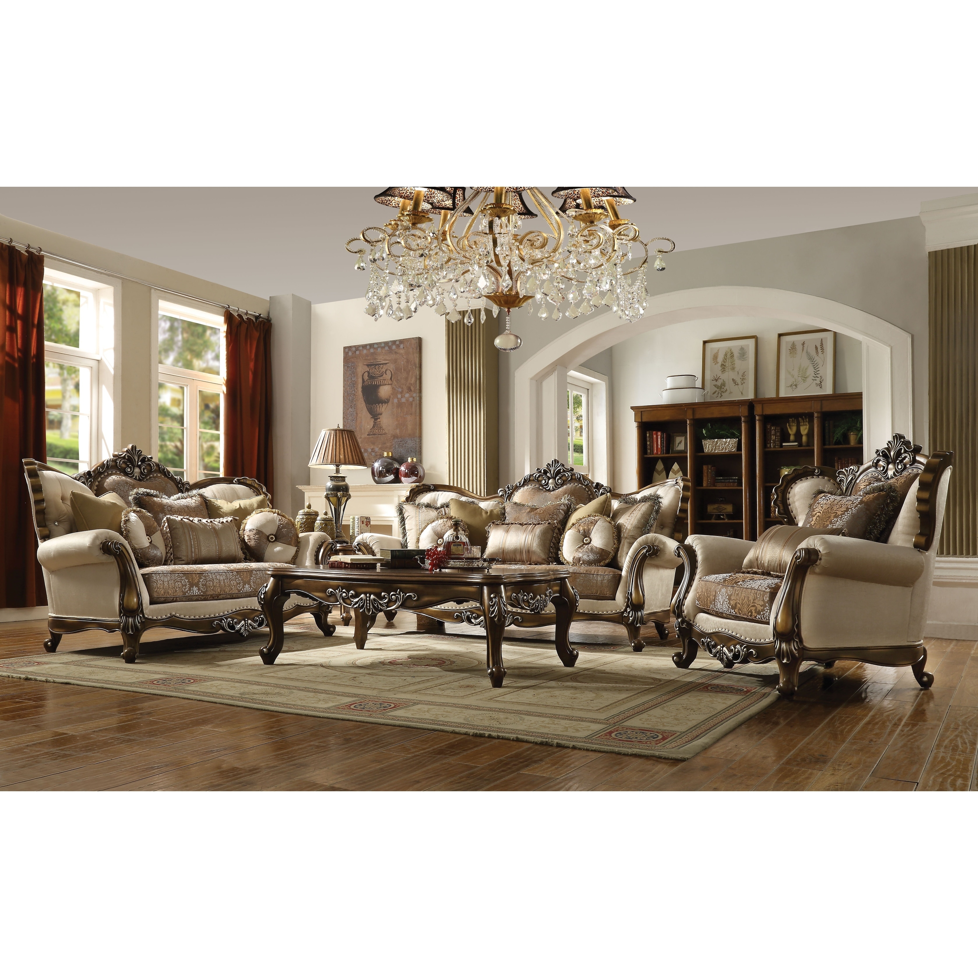 Acme Latisha Sofa W 6 Pillows Tan Pattern Fabric Antique Oak Acme Latisha Sofa W 6 Pillows Tan Pattern Fabric Antique Oak