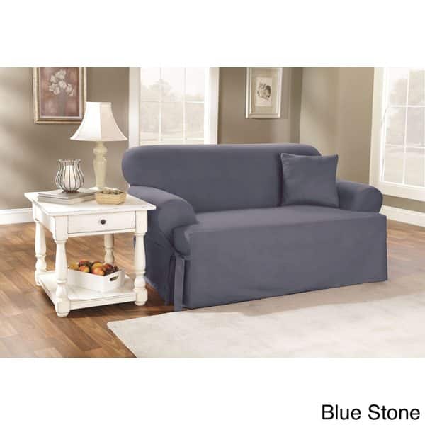slide 6 of 10, Sure Fit Cotton Classic T-Cushion Sofa Slipcover Blue Stone - T-Cushion
