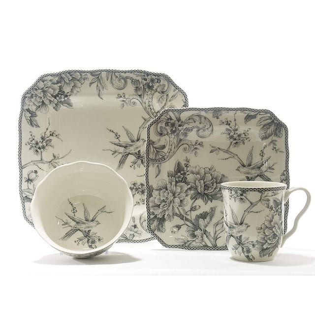 222 Fifth Adelaide Grey 16 Piece Dinnerware Set, Service for 4 - Square