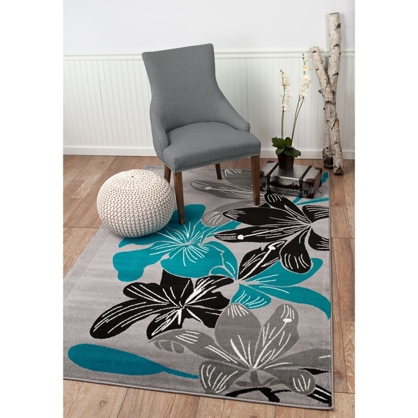 Summit Grey, Teal Flower Design Area Rug - 7"4' x 10'6'