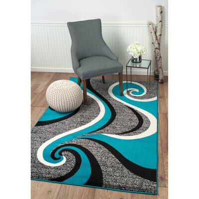 Summit Teal, White, Grey, Swrils Area Rug - 5' x 7'2"