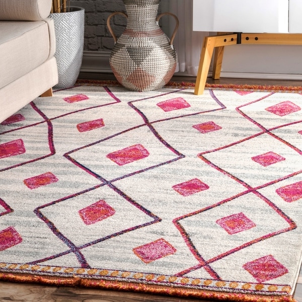 nuLOOM Pink Contemporary Moroccan Glam Diamond Tassel Trellis Area Rug