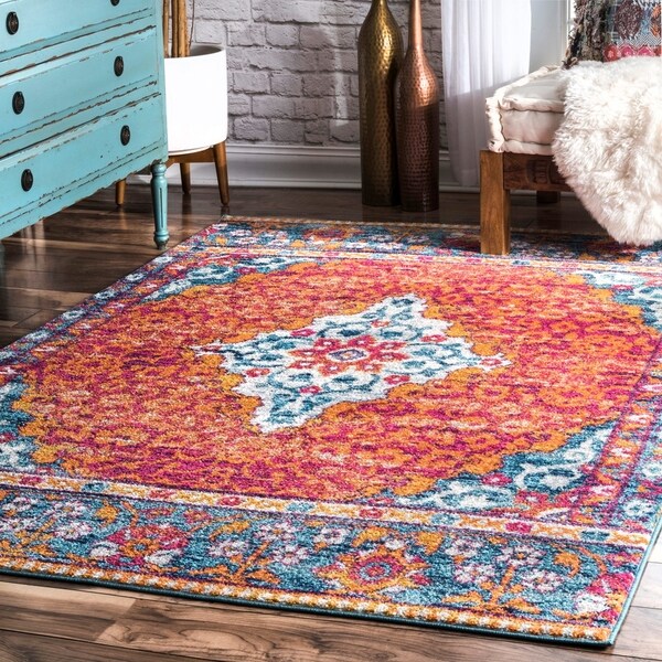 nuLOOM Orange Traditional Vintage Garden Bloom Ornamental Faded Border Area Rug