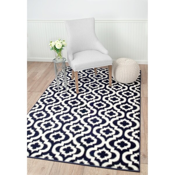 Summit Navy Blue, White, Morrocan Trellis Area Rug - 7"4' x 10'6'
