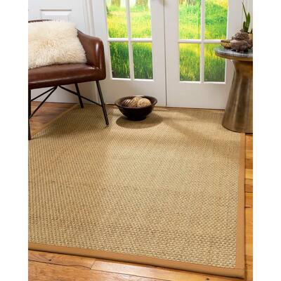 Natural Area Rugs 100%, Natural Fiber Handmade Basket Weave Calabria, Natural Seagrass Rug, Khaki Border - 4' x 12'