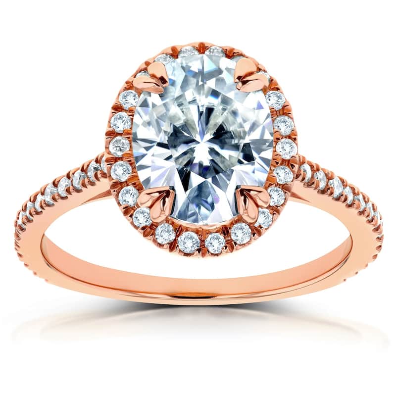 Annello by Kobelli 14k Gold 2 1/3ct TGW Oval Forever One Moissanite and Diamond Halo Engagement Ring (DEF/VS, GH/I)