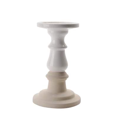 Ceramic Dual Tone Pillar Candle Holder, White And Beige