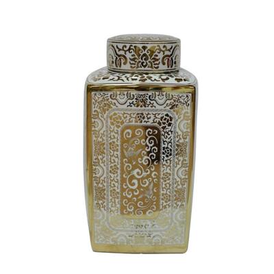 Gleaming Decorative Ceramic Covered Jar In White And Gold
