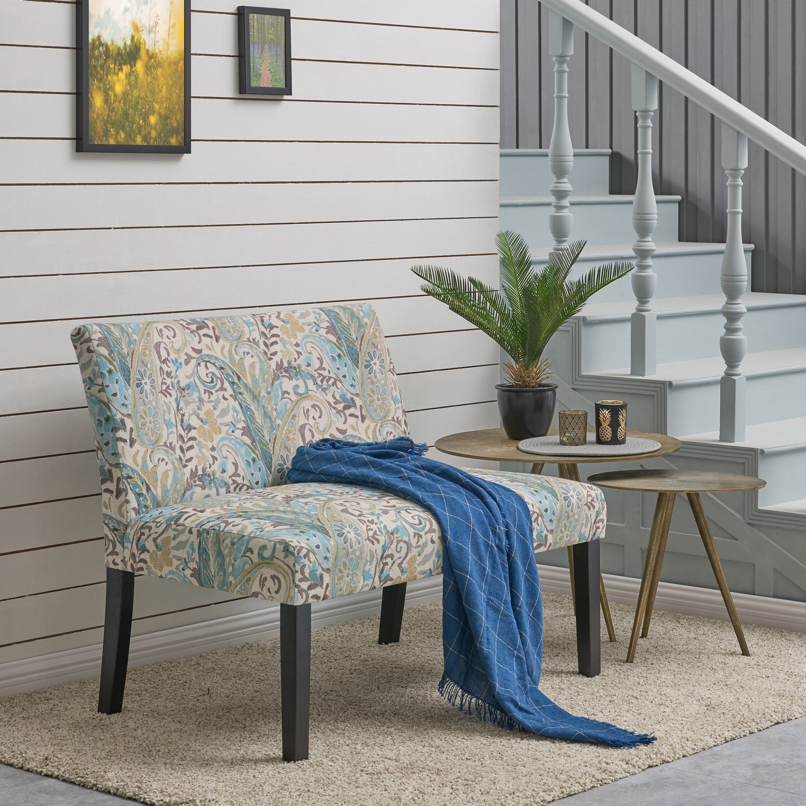 Handy Living Nate Multi Blue Paisley Armless Settee Sky Blue Multi