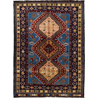 Hand-knotted Yalameh Blue, Red Wool Rug - 3'8" x 5'0"/3'8 x 5'0