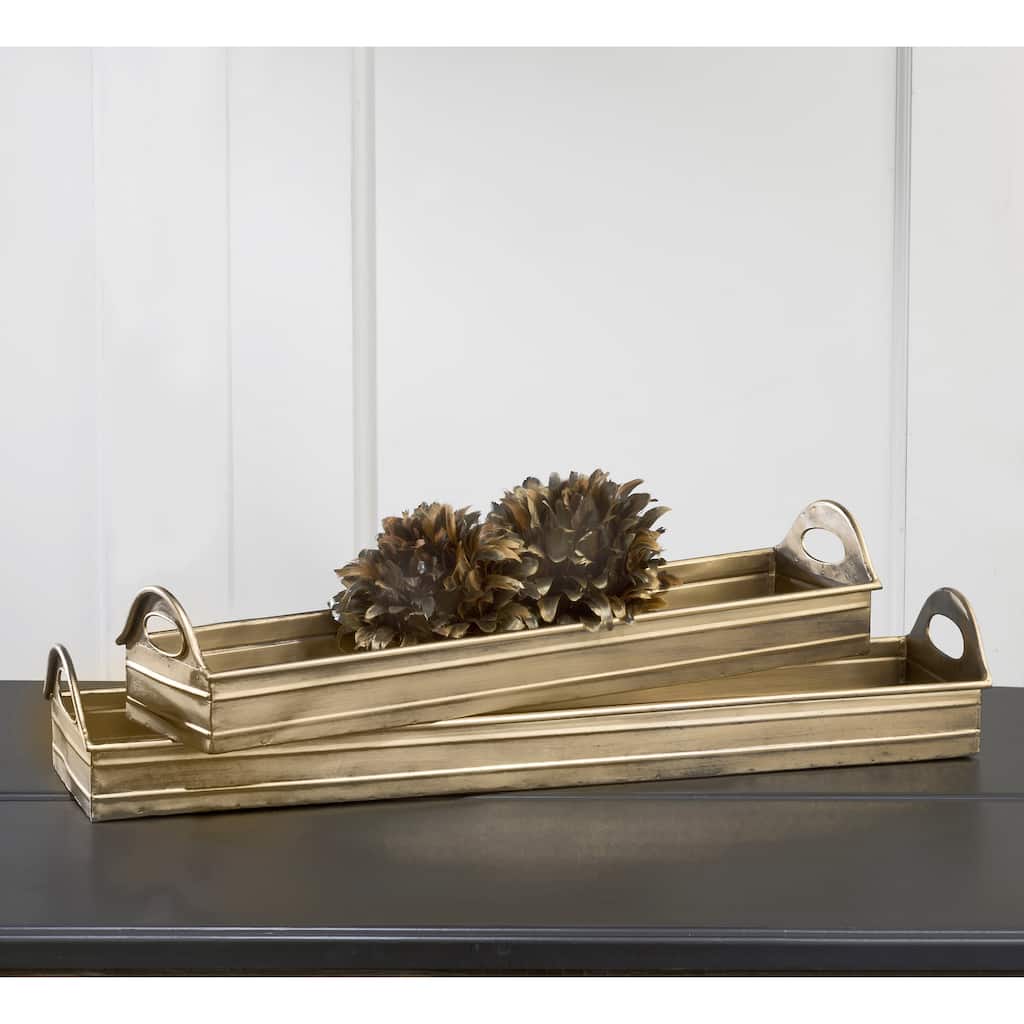 Antique Gold Long Rectangle Metal Tray - Set of 2