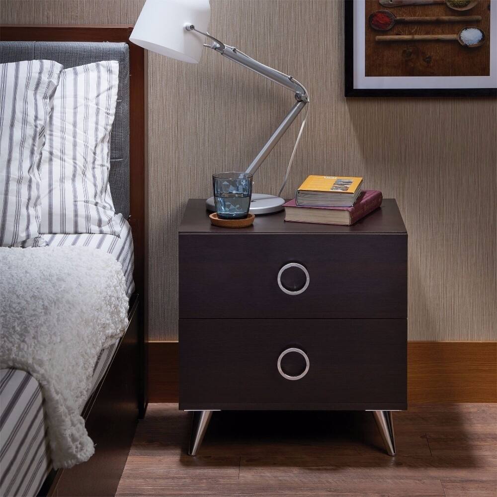Rectangular Wood & Metal Nightstand By Elms, Brown & Chrome