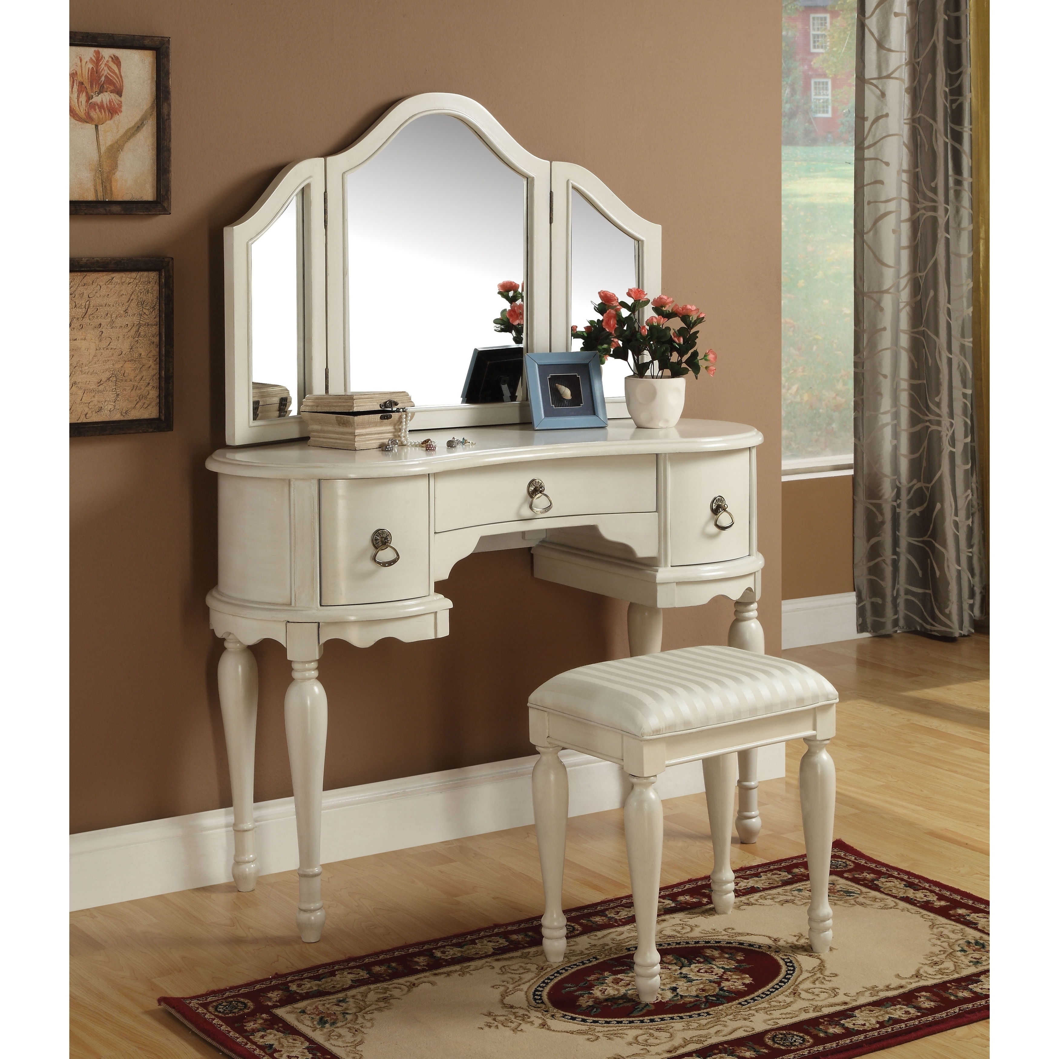 3 Drawer Wooden Vanity Desk With Padded Stool