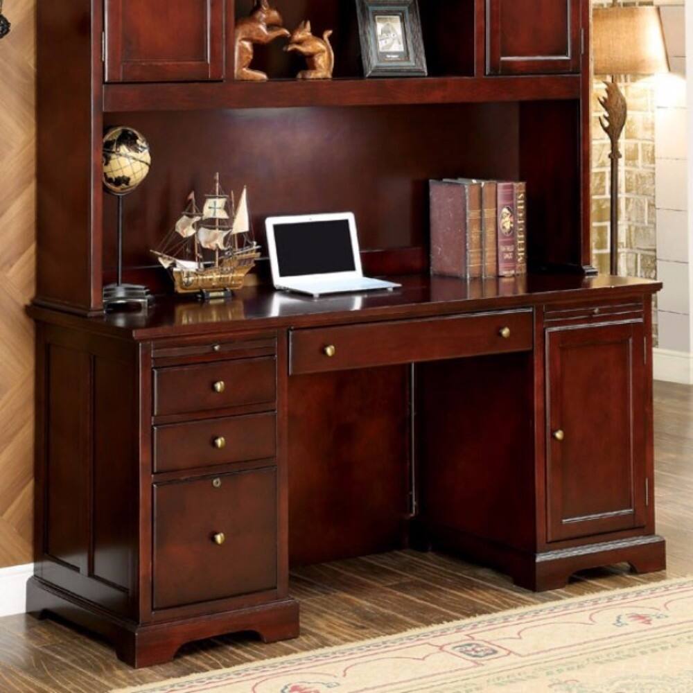 Desmont Transitional Style Credenza Desk With Multiple Drawers, Cherry