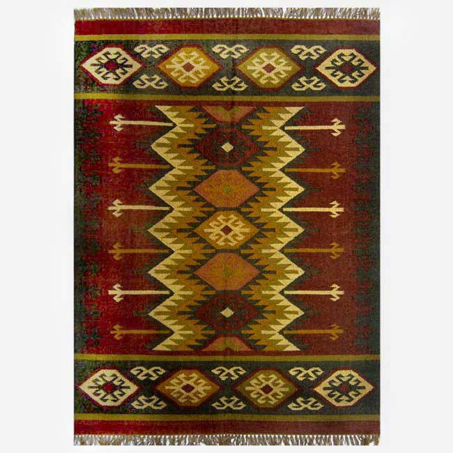 Hand woven Kilim Burgundy Jute/ Wool Rug (8 X 10) (redPattern GeometricMeasures 0.25 inch thickTip We recommend the use of a non skid pad to keep the rug in place on smooth surfaces.All rug sizes are approximate. Due to the difference of monitor colors,