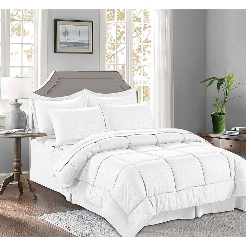 Elegant Comfort 8-PIECE Bed-in-a-Bag Bamboo Design Comforter with Storage Pockets - King - Cal King - White
