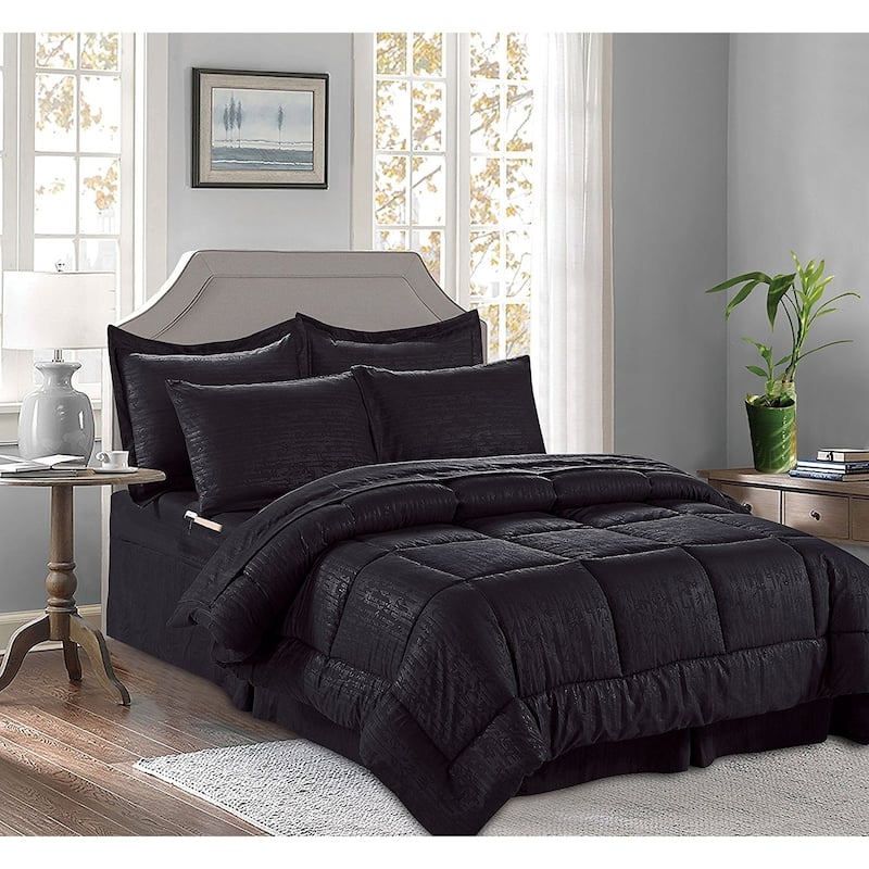 Elegant Comfort 8-PIECE Bed-in-a-Bag Bamboo Design Comforter with Storage Pockets - King - Cal King - Black