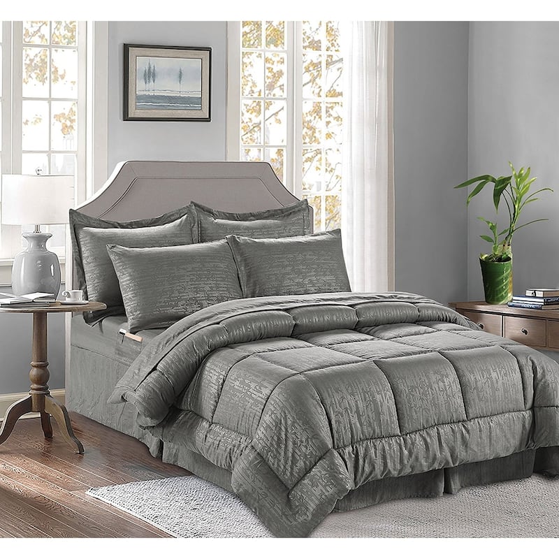 Elegant Comfort 8-PIECE Bed-in-a-Bag Bamboo Design Comforter with Storage Pockets - Full - Queen - Grey