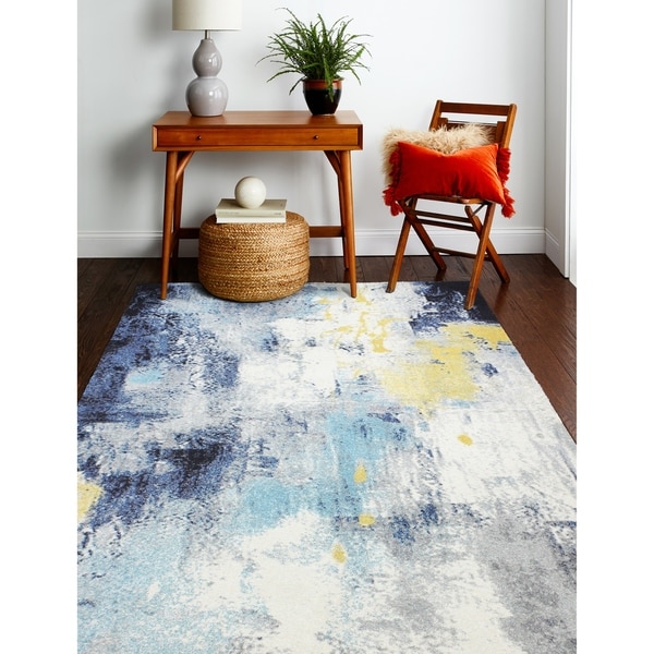 Amos Ivory/Blue Transitional Area Rug - 3'6" x 5'6"