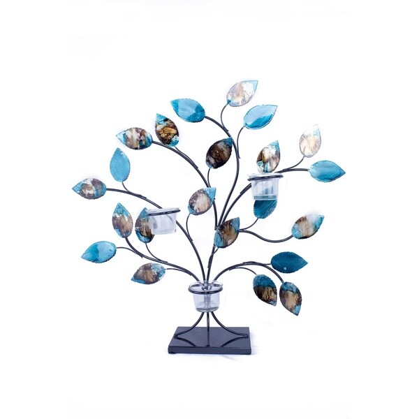 Tree of Light Foiled and Lacquered Blue Decorative 3-Votive Holder